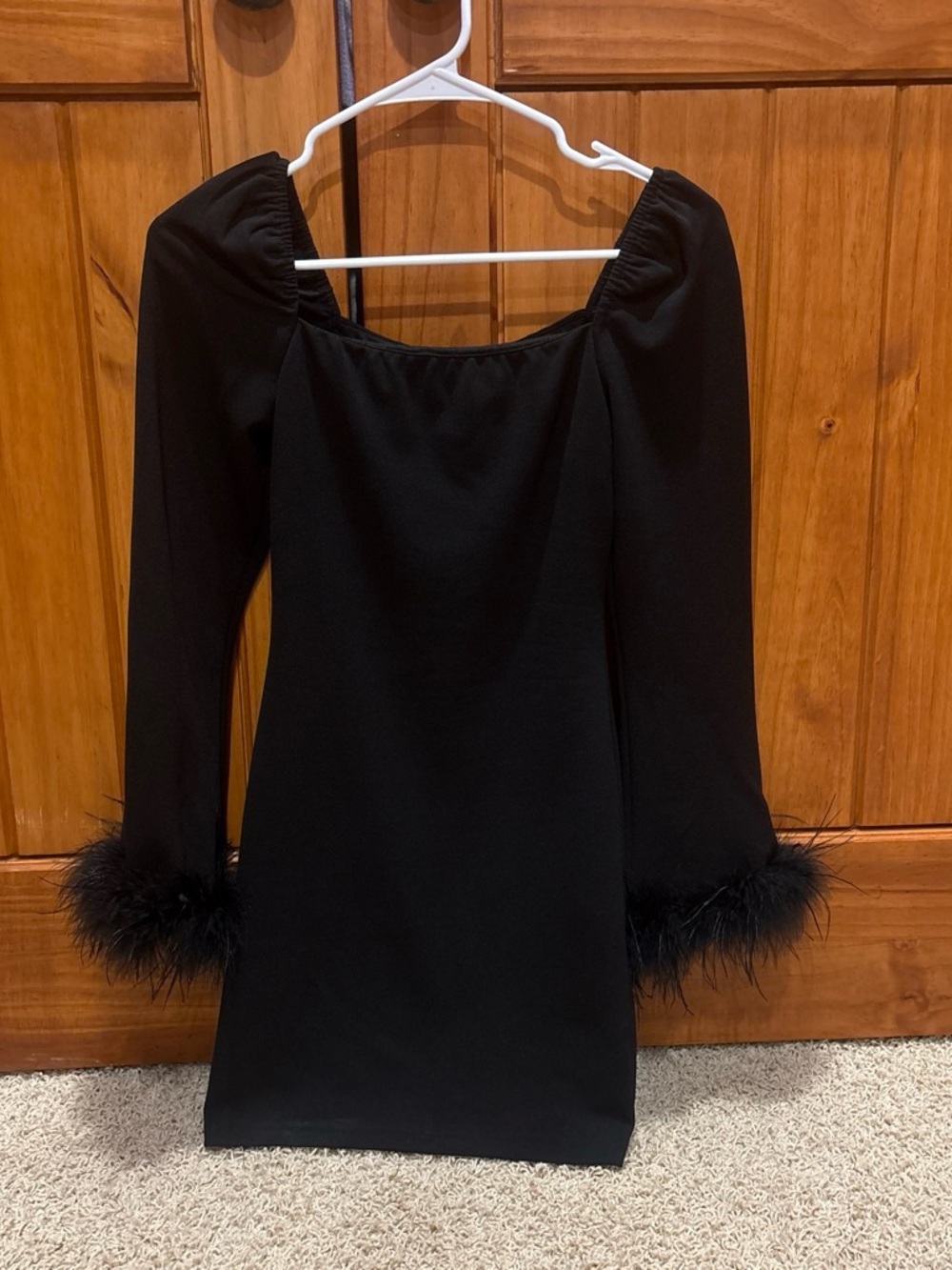 Black Long Sleeve Mini Dress with Feather Cuffs. Size XS.